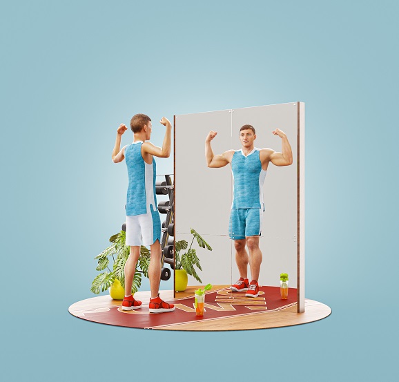 homme qui se voit dans un miroir plus fort qu'il n'est